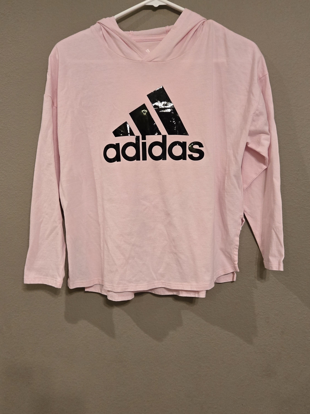 adidas Pink Long-Sleeve Hoodie Tee with Black Logo Size L
